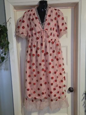 Pink Strawberry-Print Midi Dress